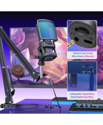 Gaming USB Microphone, Noise-Canceling Condenser Mic with RGB, Mute, Gain, Monitoring, Boom Arm, Pop Filter for PC, PS4, PS5, Twitch