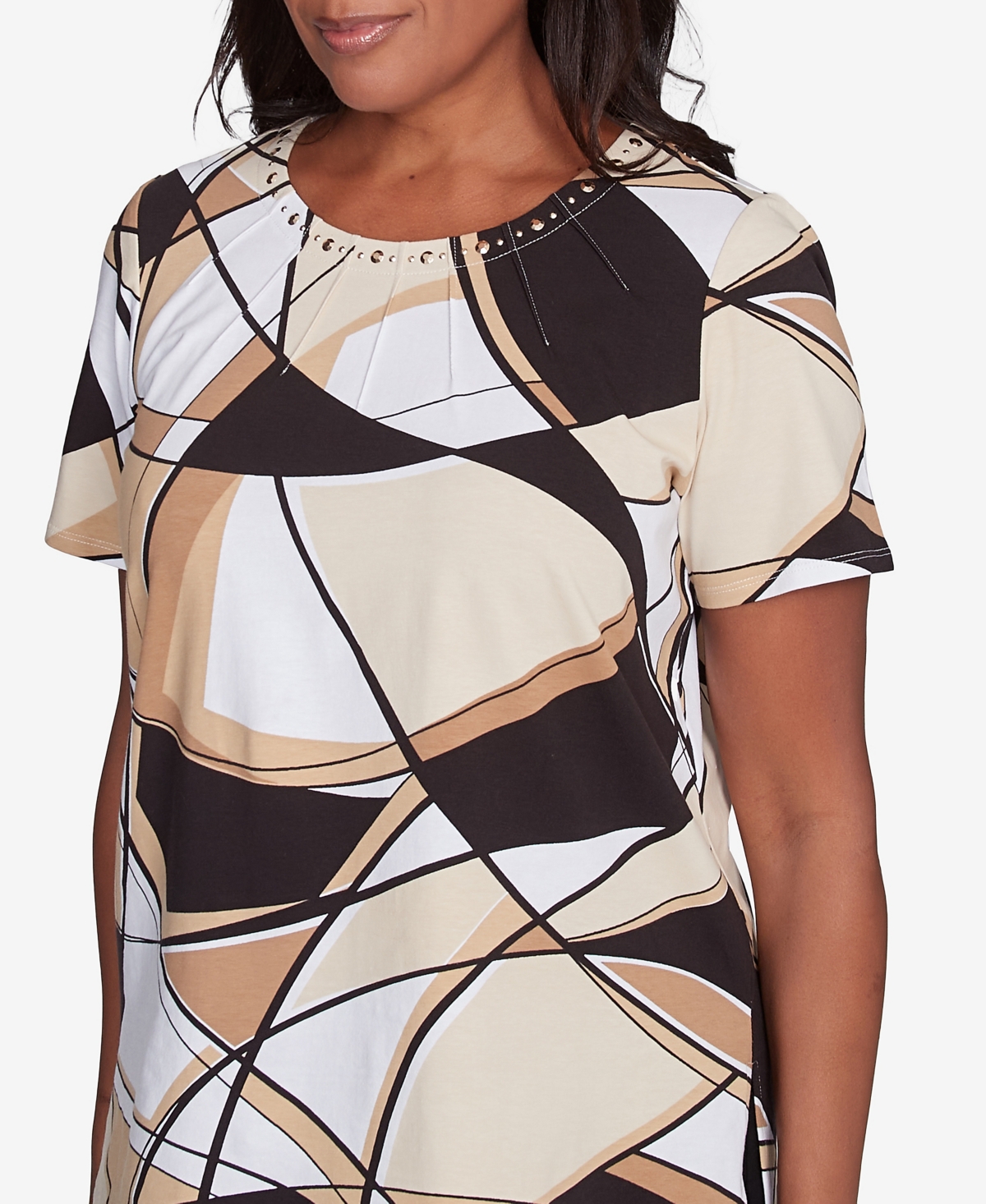 Alfred Dunner Petite Geometric Top With Detailed Neckline In Multi