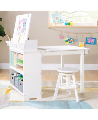 Design Studio – White: 3-in-1 Kids Art Table & Stool, Writing, Painting & Drafting Table w/ Craft Storage & Bins, Art Easel with Paper Roll