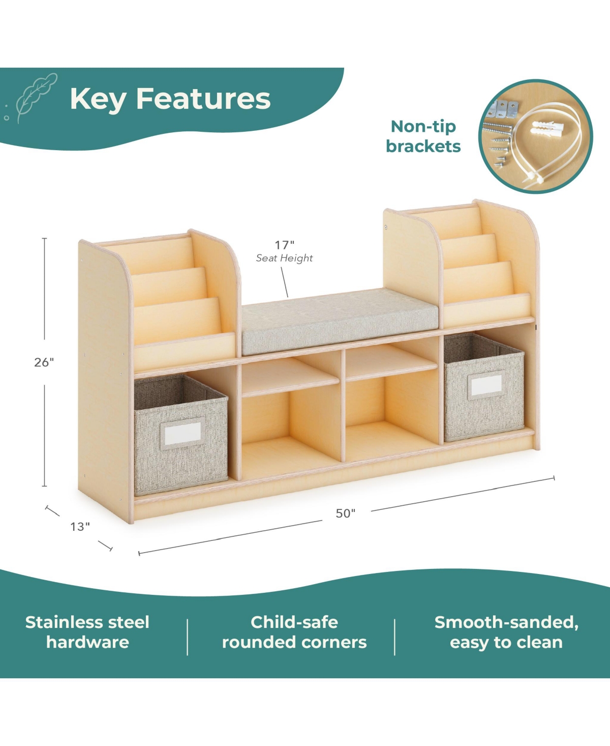 Guidecraft EdQ Reading Nook - Natural: Children's Wooden Bedroom Bench, Kids' Bookshelf, Toy Cubby Organizer and Cube Storage