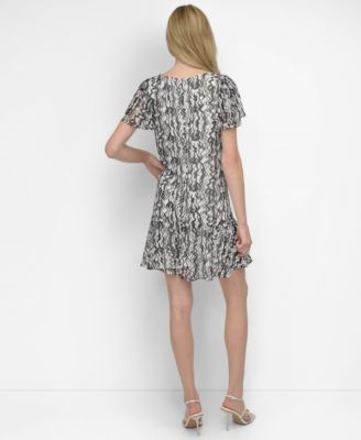 DKNY Women's Printed Flutter-Sleeve Trapeze Dress