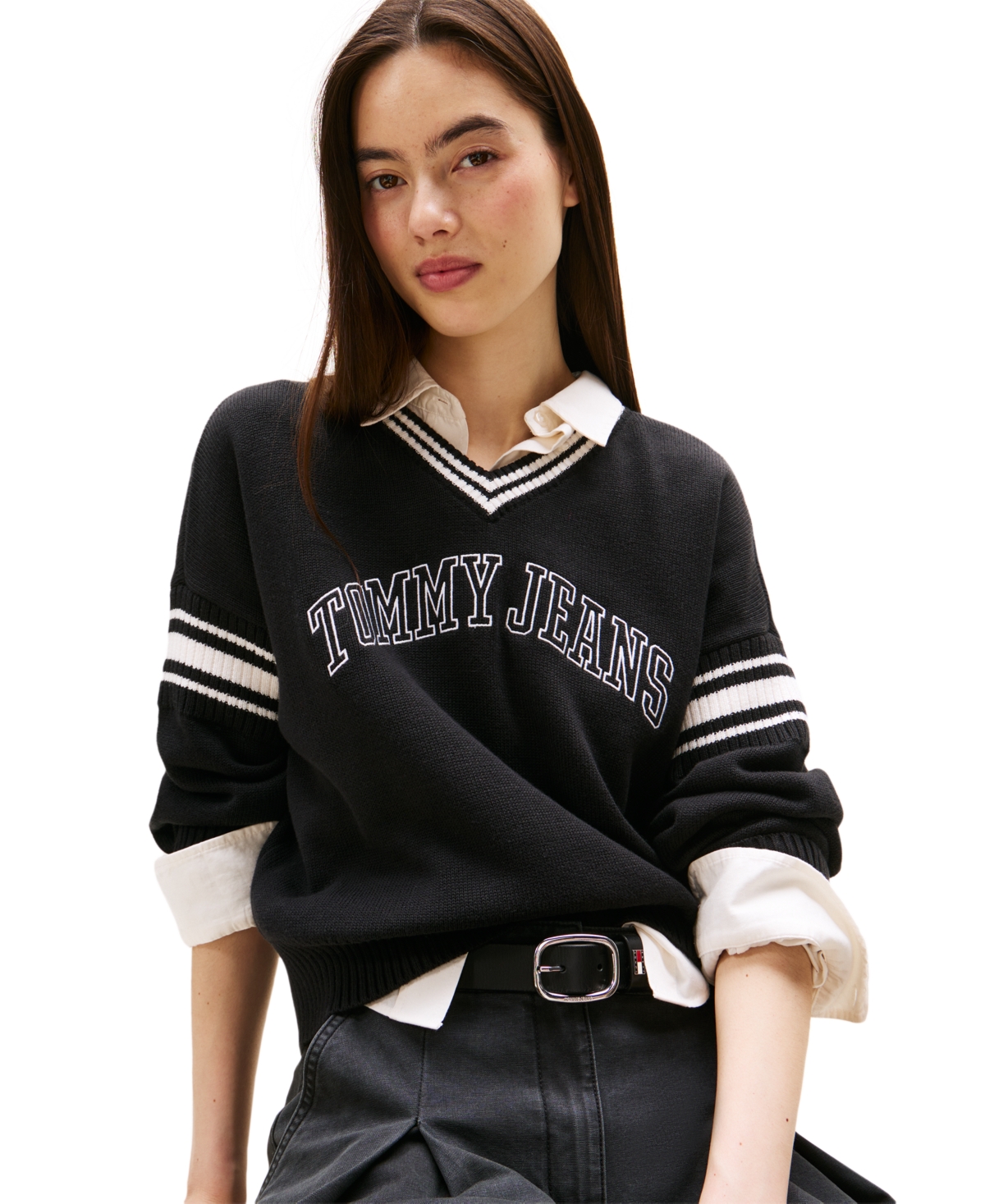 Tommy Jeans Women's Varsity V-neck Cotton Sweater In Black