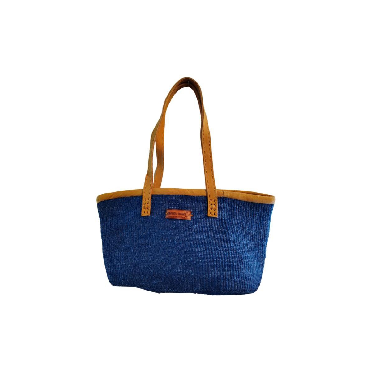 Nourishment Rectangular Handmade Laptop Work Sisal Straw Blue Basket Tote Handbag - Blue