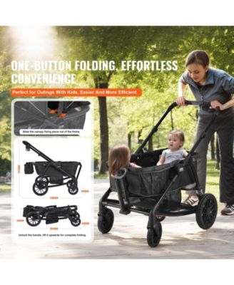 Toddler All-Terrain Stroller Wagon with 2 Seats Foldable Design Canopy Snack Tray and Cup Holders