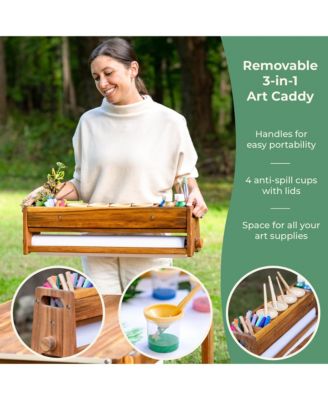 Acadia Outdoor Art Table and Stool Set: Acacia Wood Arts & Crafts Table w/ Storage Paper Roll & Paint Cups Multi Purpose Kids Picnic Table