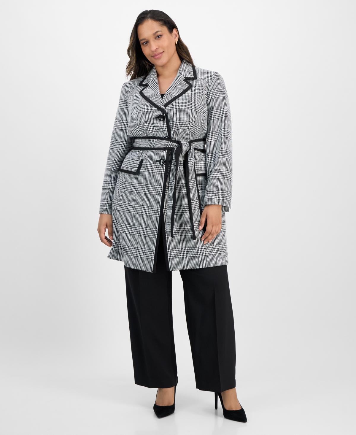 Plus Size Framed Plaid Belted Wide-Leg Pantsuit - Black/white