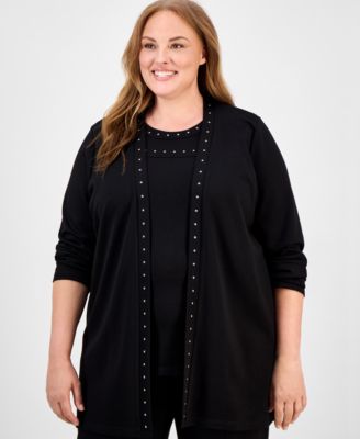 Plus Size Stud-Trim Open-Front Cardigan 