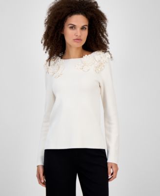 Anne Klein - Petite Floral Embellished Boat-Neck Top