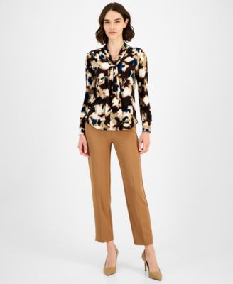 Petite Printed Tie-Neck Long-Sleeve Blouse