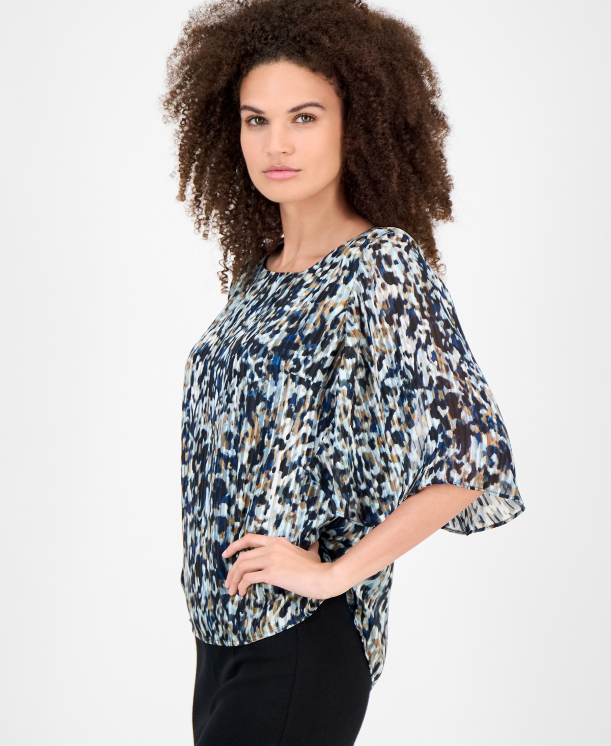 Anne Klein Women's Printed Cape-sleeve Blouse In Blue