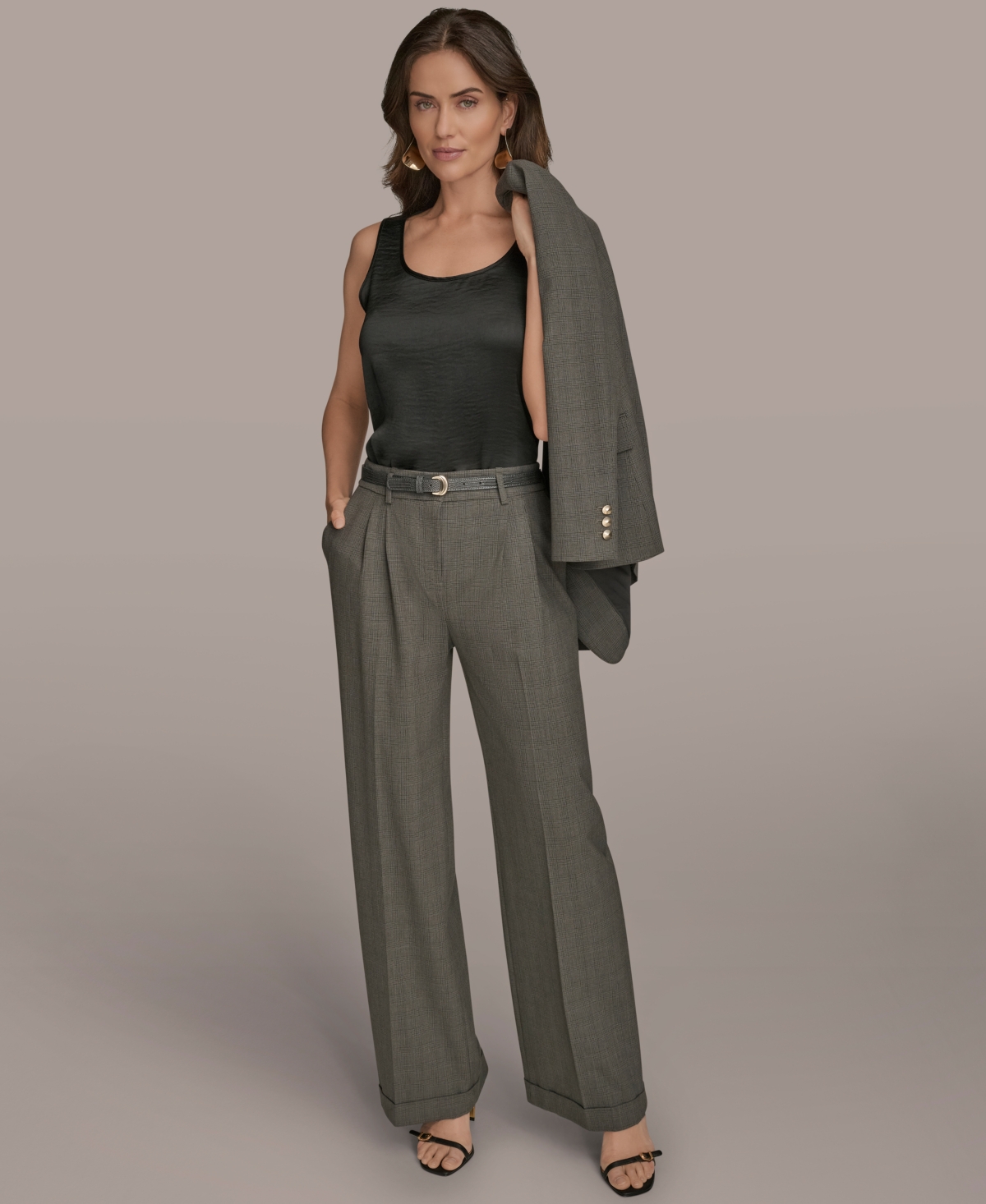 Donna Karan New York Belted Plaid Wide Leg Pants In Gray