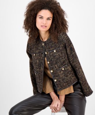 Petite Collarless Tweed Button-Front Jacket 