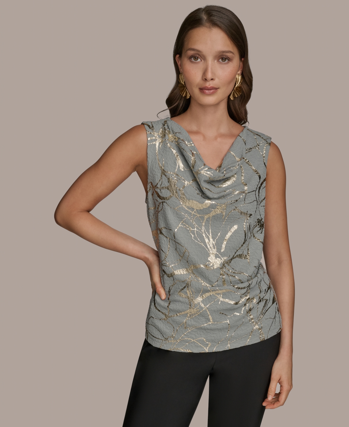 Donna Karan New York Foiled Sleeveless Cowl Neck Top In Gray