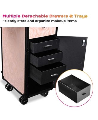Rolling Nail Table w/ Makeup Case Cosmetic Organizer Aluminum Pink