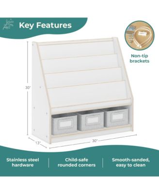 EdQ Book and Bin Display - White: Children's Wooden Bookcase with Shelves and Storage Bins for Kids' Books and Toys