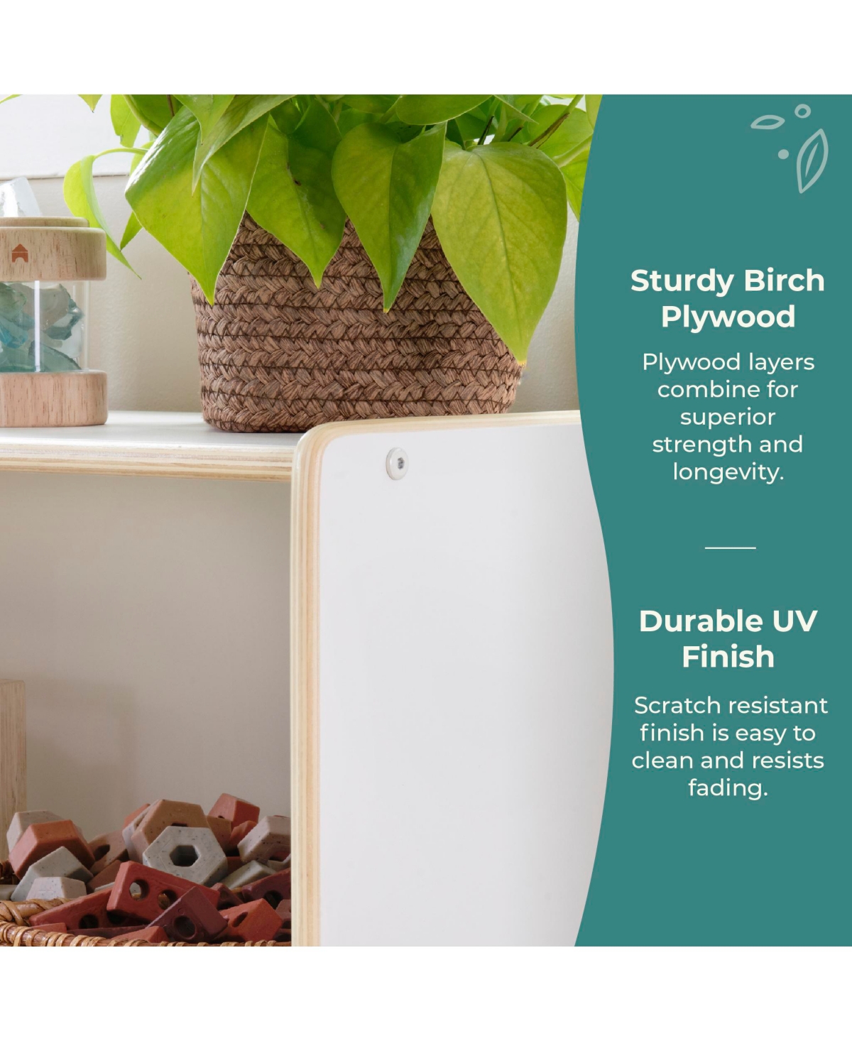 Guidecraft EdQ 2-Shelf Open Storage 30" - White: Kids' Low Wooden Bookshelf, Classroom and Playroom Furniture with Book and Toy Bins