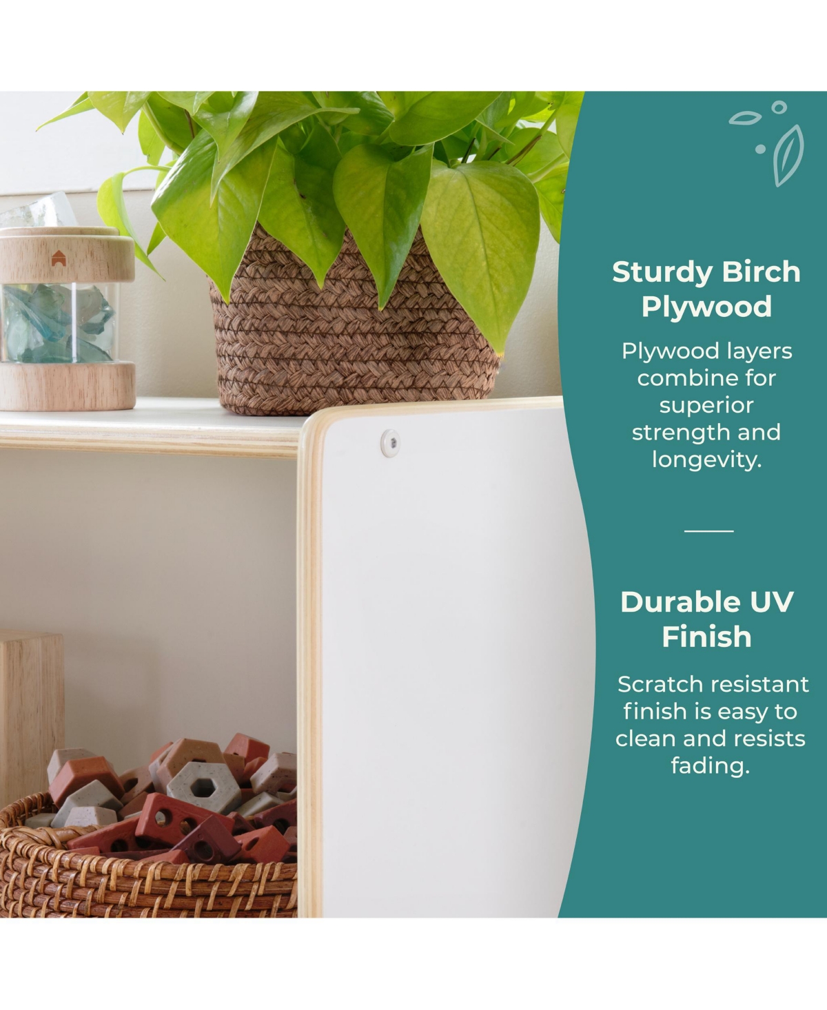 Guidecraft EdQ 2-Shelf 5-Compartment Storage 24" - White: Wooden Classroom and Playroom Bookshelf with Bins for Kids Toys Books