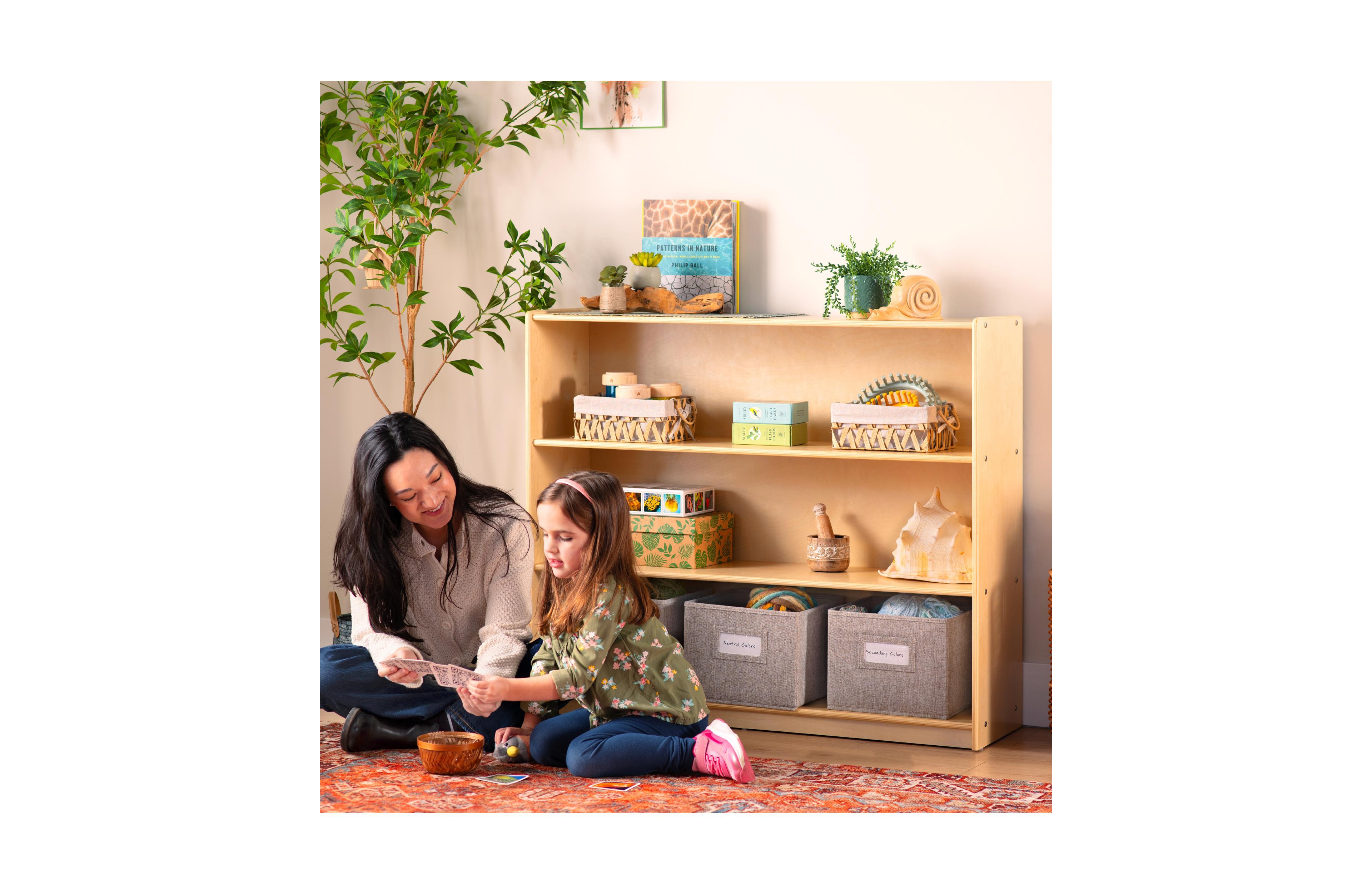 Guidecraft EdQ 3-Shelf Open Storage 36" - Natural: Children's Wooden Home and Classroom Toy Book Organizer with Shelves Bins