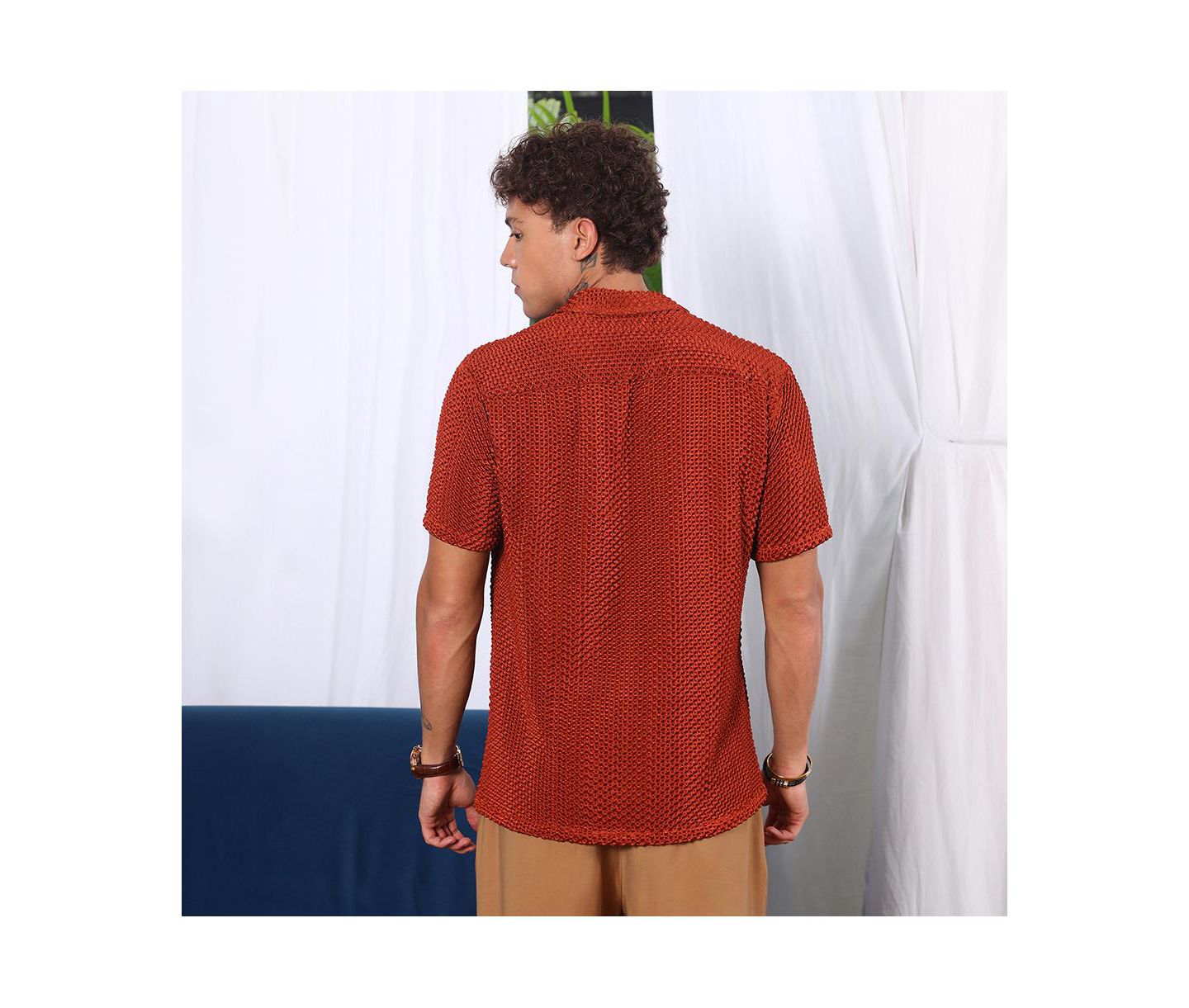 Мужская рубашка Cahoot Campus Sutra Terracotta Brown Puffy-Textured, цвет: Коричневый — фото 2