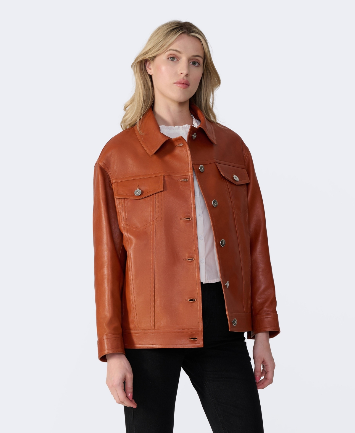 Women's Leather Shirt Jacket, Created For Macy's - Whiskey brown