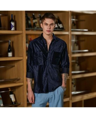 Men's Navy Blue Cheetah Velvet Oversized Shirt