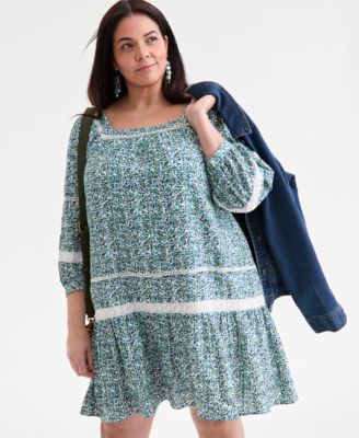 Plus Size Printed Lace-Trim 3/4-Sleeve Dress, Macy's Exclusive