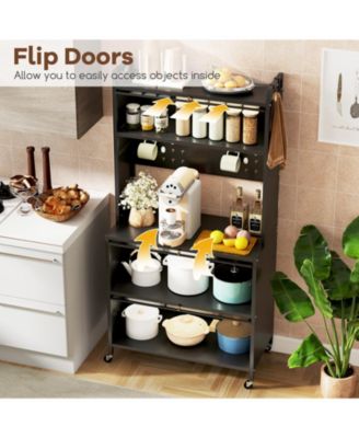 5 Tier Kitchen Bakers Rack with Lights Multifunctional Microwave Stand with Flip Door Cabinets