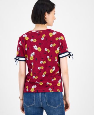 Women's Daisy-Print Tie-Sleeve Top