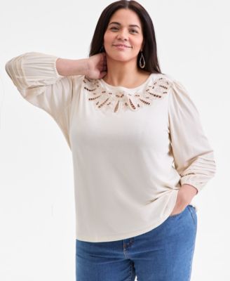 Style & Co - Plus Size Broderie Anglaise 3/4-Sleeve Top