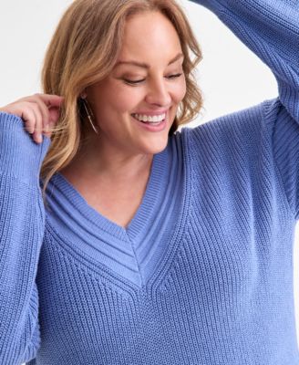 Plus Size V-Neck Stitch Detail Sweater, Macy's Exclusive