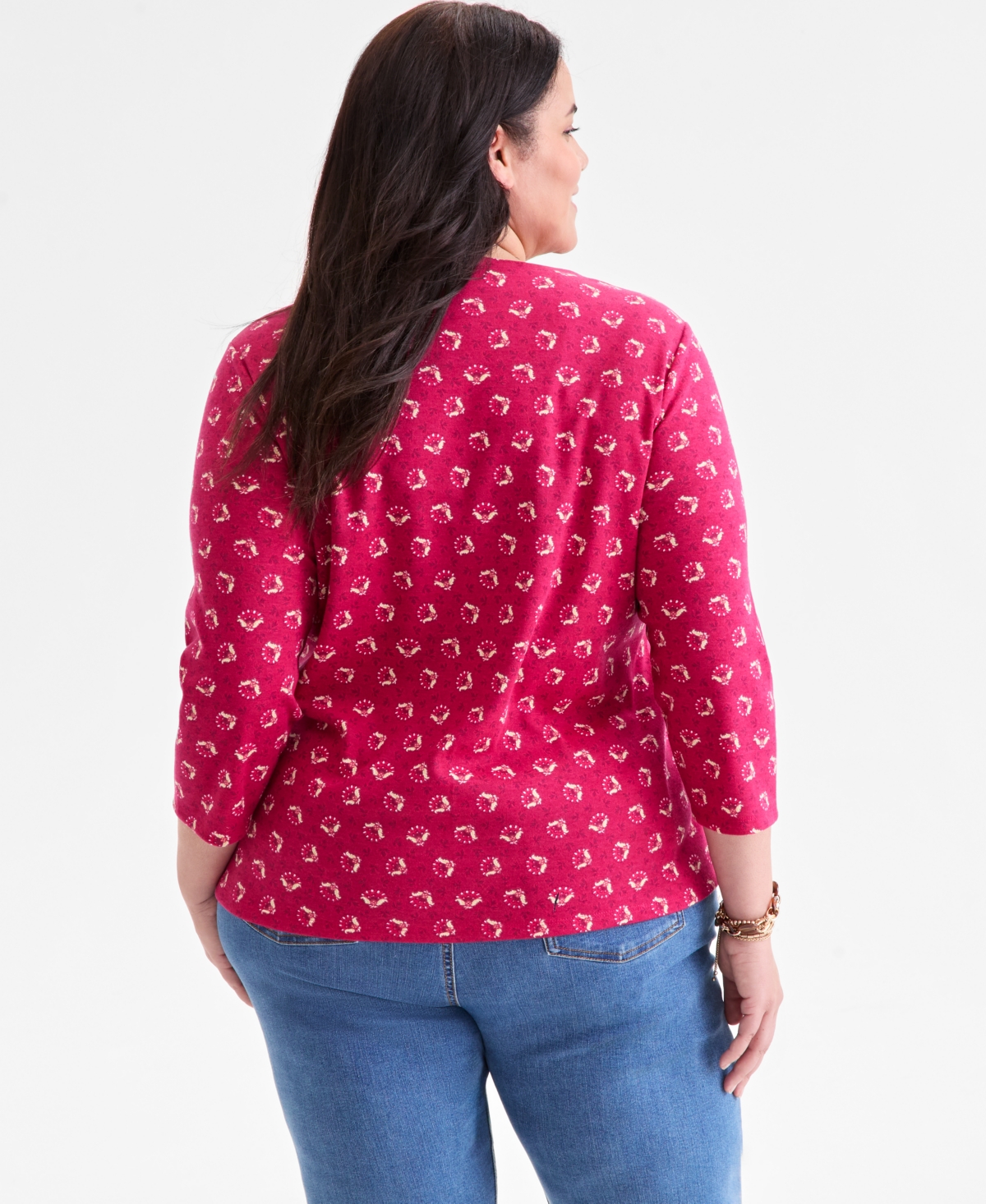 Style & Co Plus Size Printed 3/4-sleeve Henley Top, Macy's Exclusive In Multi