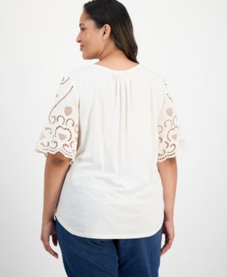 Plus Size Crewneck Eyelet-Short-Sleeve Top, Exclusively at Macy's 