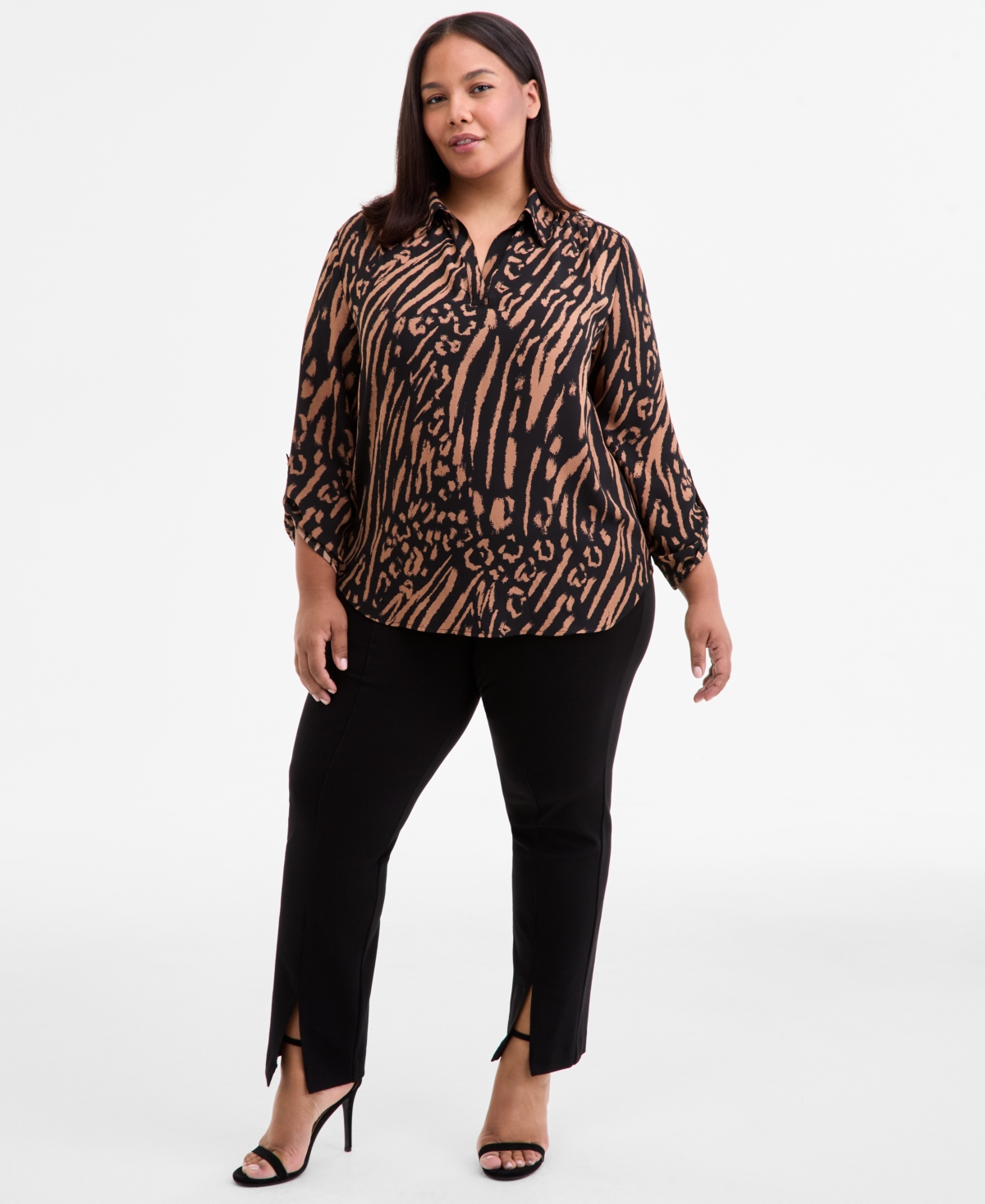 Ak Anne Klein Plus Size Printed Roll-tab Blouse In Brown