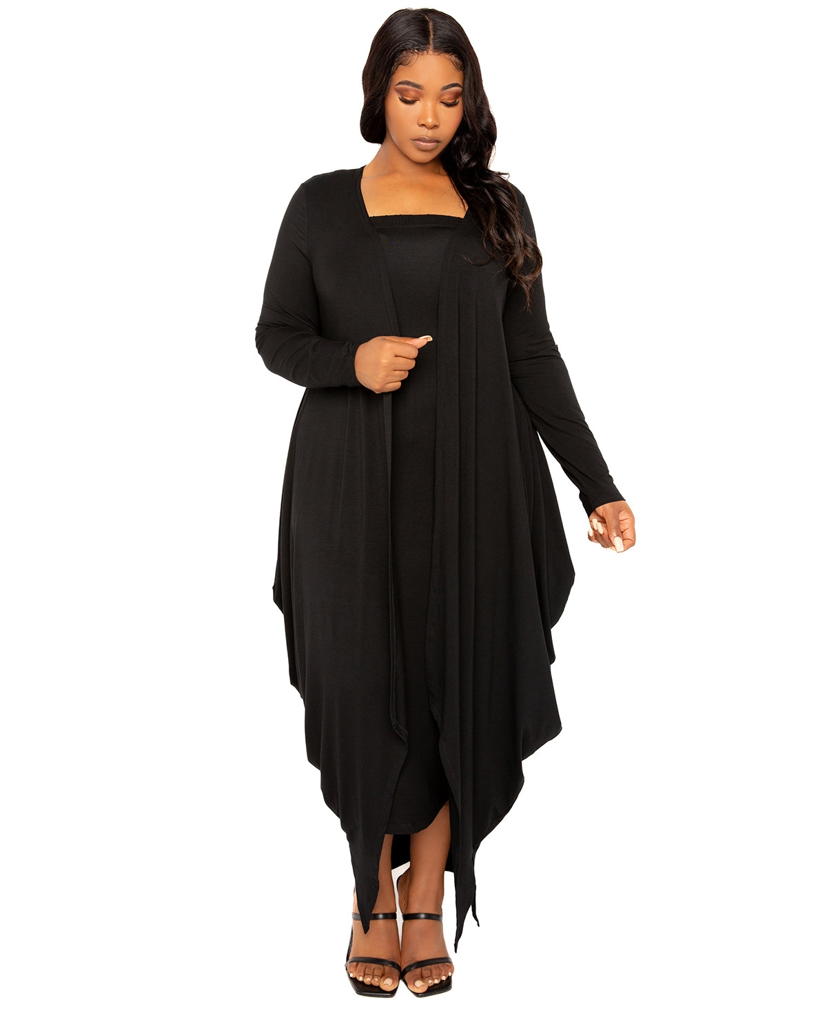 Plus Size Cascade Bubbled Hem Cardigan - Charcoal grey