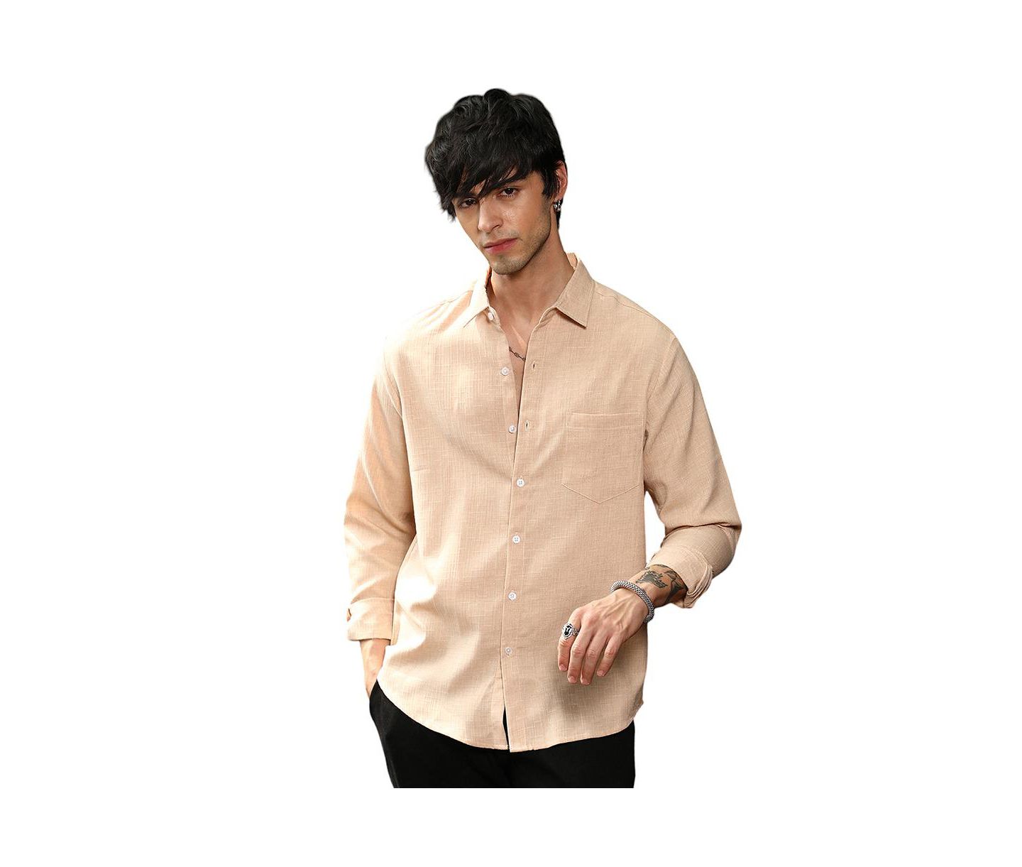 Мужская рубашка Cahoot Campus Sutra Ecru Beige Solid Relaxed, цвет: Бежевый — фото 1