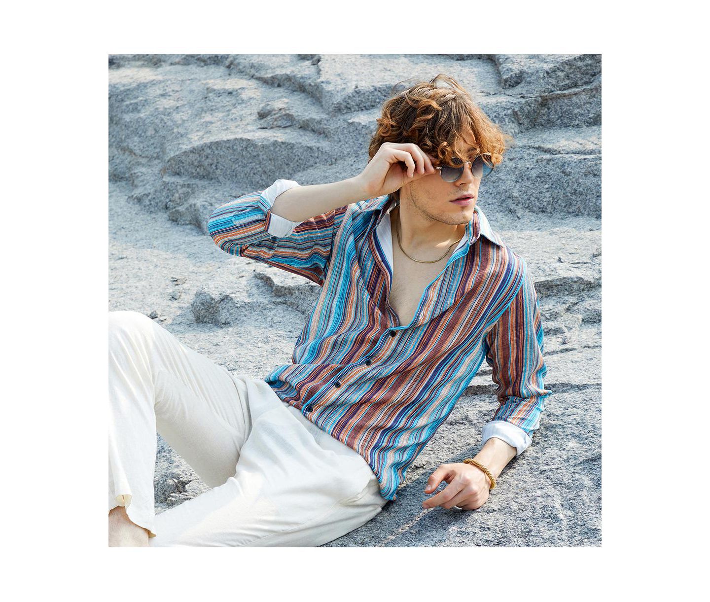 Мужская рубашка Cahoot Campus Sutra Azure Blue & Chocolate Brown Multitrack-Striped, цвет: Синий — фото 5