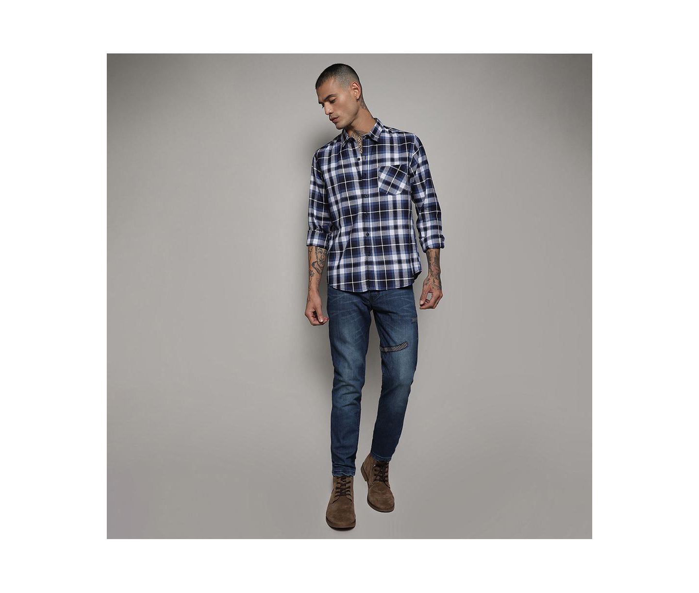 Мужская рубашка Cahoot Campus Sutra Navy Blue Tartan Plaid, цвет: Синий — фото 5