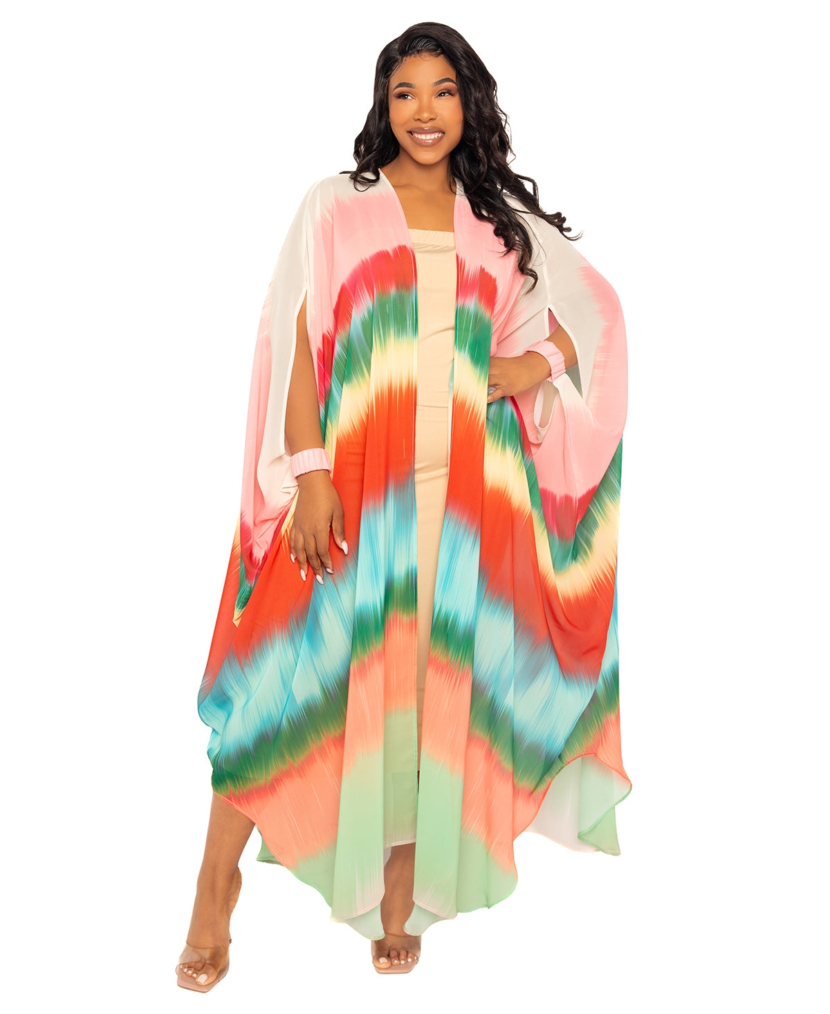 Plus Size Ombre Stripe Robe with Wrist Band - Multi