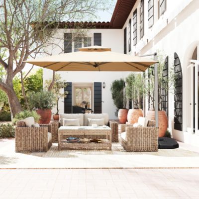 10x10ft Square Cantilever Umbrella with Center Pole 360 Rotation 5 Position Tilt Hydraulic Opening Beige