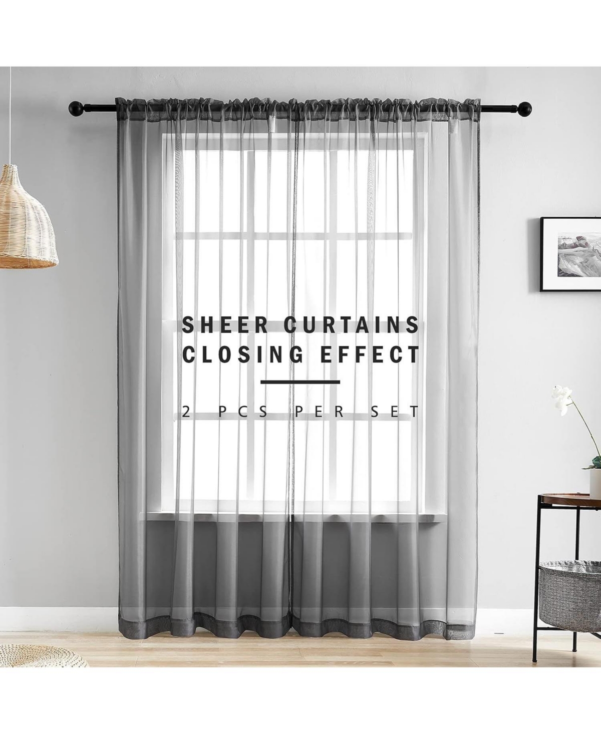 Kate Aurora Hotel Lux 2 Piece Charcoal Gray Rod Pocket Sheer Curtain Panels