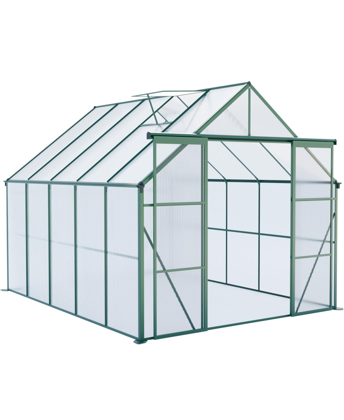 8x10FT Aluminum Double Door Polycarbonate Greenhouse with Raised Base and Anchor - Green
