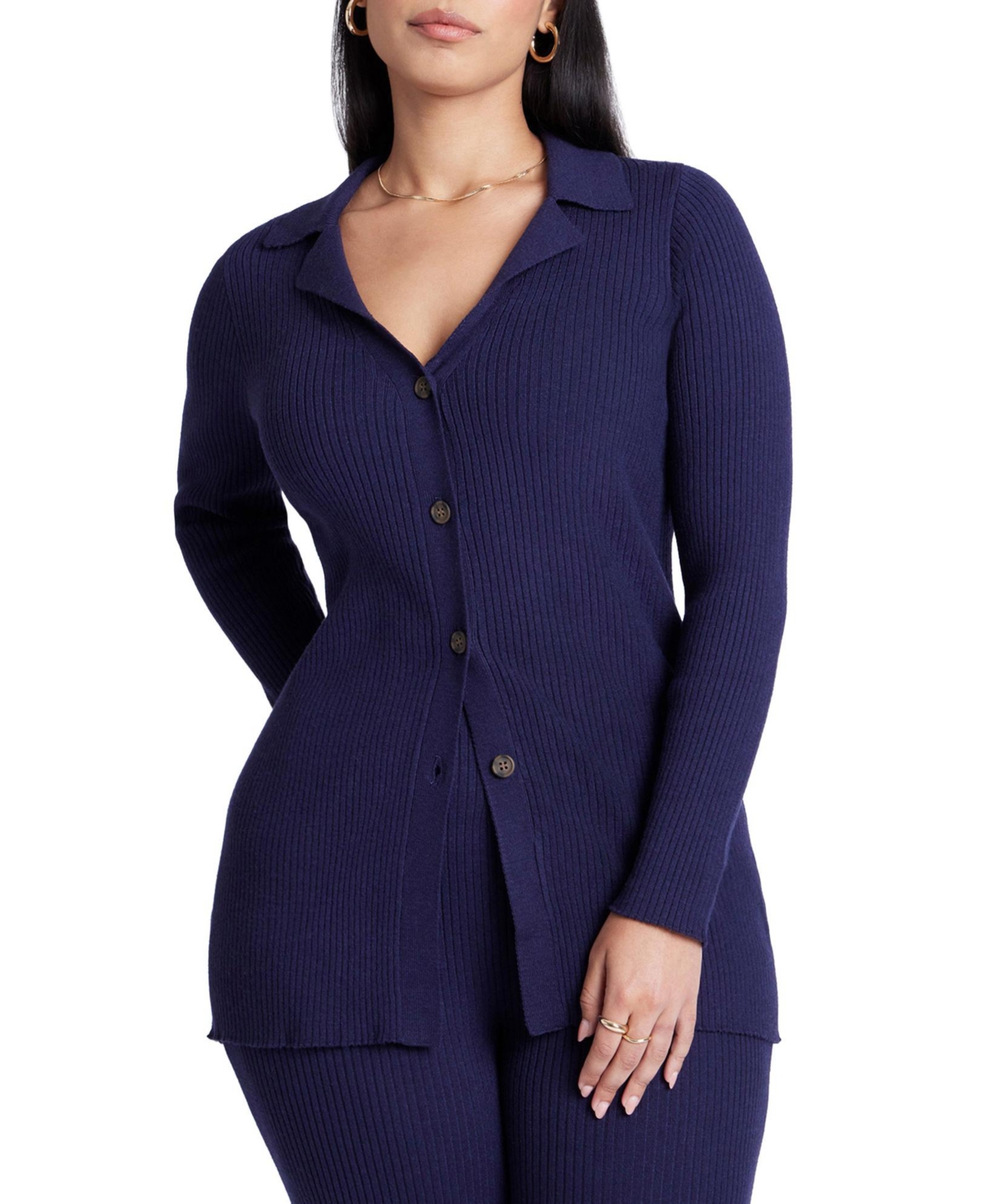Women's Button Front Long Ribbed Cardigan - Midnight navy