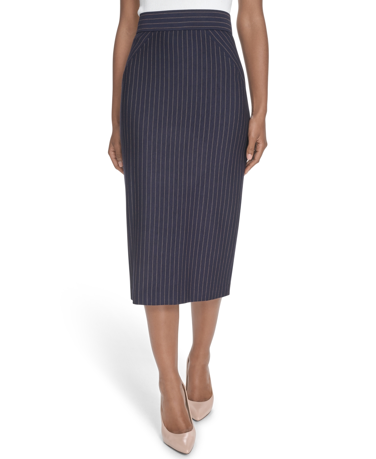 Women's Pinstriped Midi Skirt - Midnight/ Tobacco
