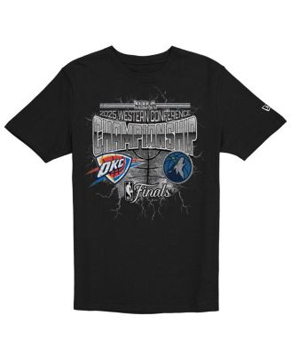 Men's Black Oklahoma City Thunder vs. Minnesota Timberwolves 2025 Western Conference Finals Matchup Distressed Graphic T-Shirt