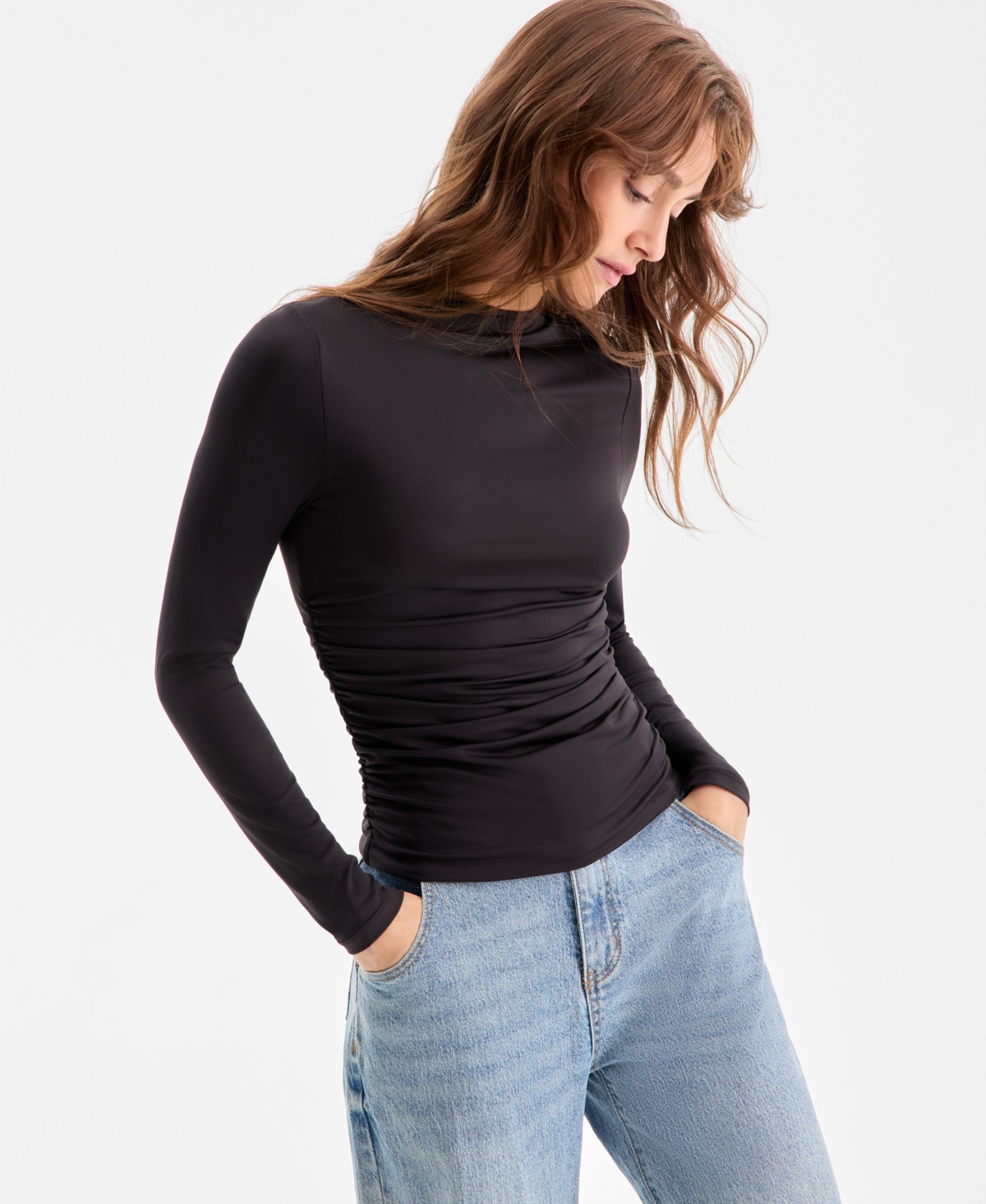 Bar Iii Women's Mock Neck Second-Skin Ruched Top, Macy's Exclusive