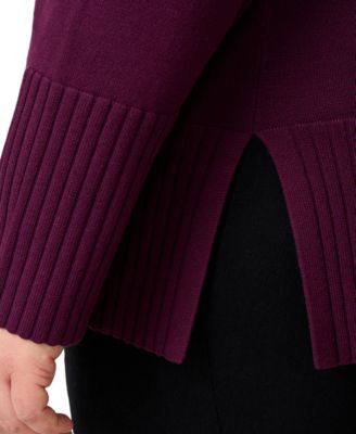 Plus Size Solid V-Neck High-Cuff Sweater