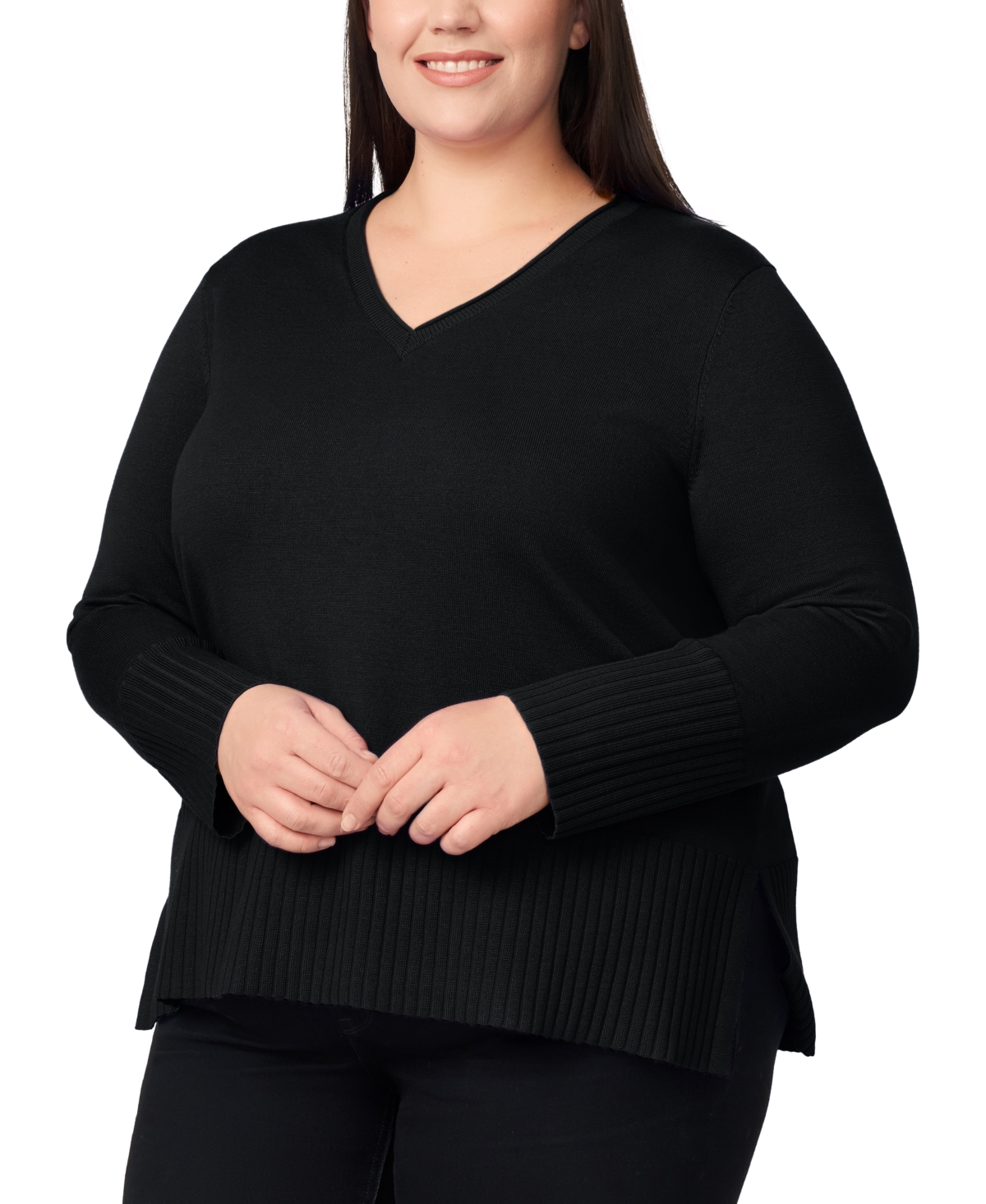 Melissa Paige Plus Size Solid V-neck High-cuff Sweater In Animal Print