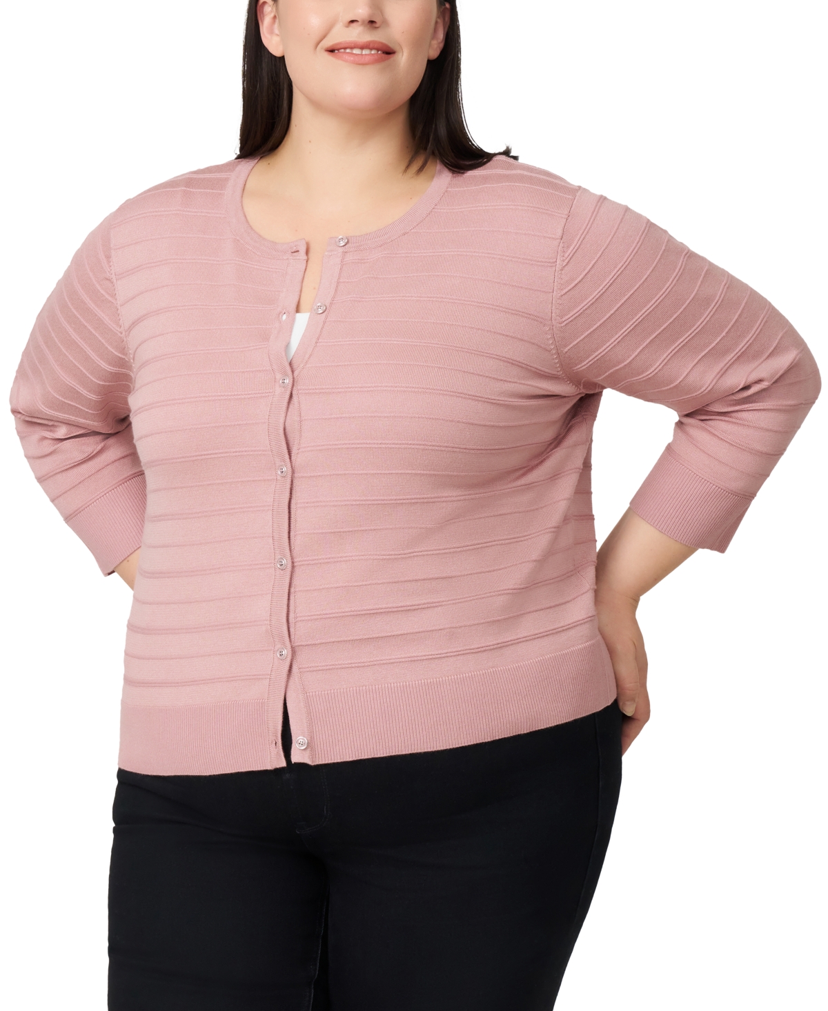 Melissa Paige Plus Size Textured Stripe Cardigan Sweater In Pink