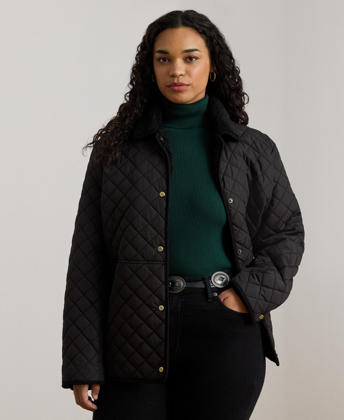 Plus Size Faux-Sherpa-Collar Quilted Coat - Black