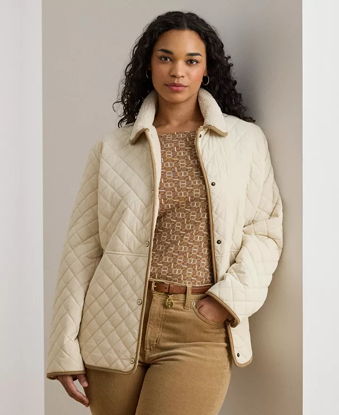 Plus Size Faux-Sherpa-Collar Quilted Coat